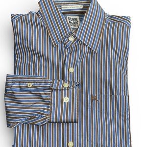 Ruehl No. 925 Blue & Brown Striped 80’s 2Ply 100% Cotton Button Down Hong Kong L
